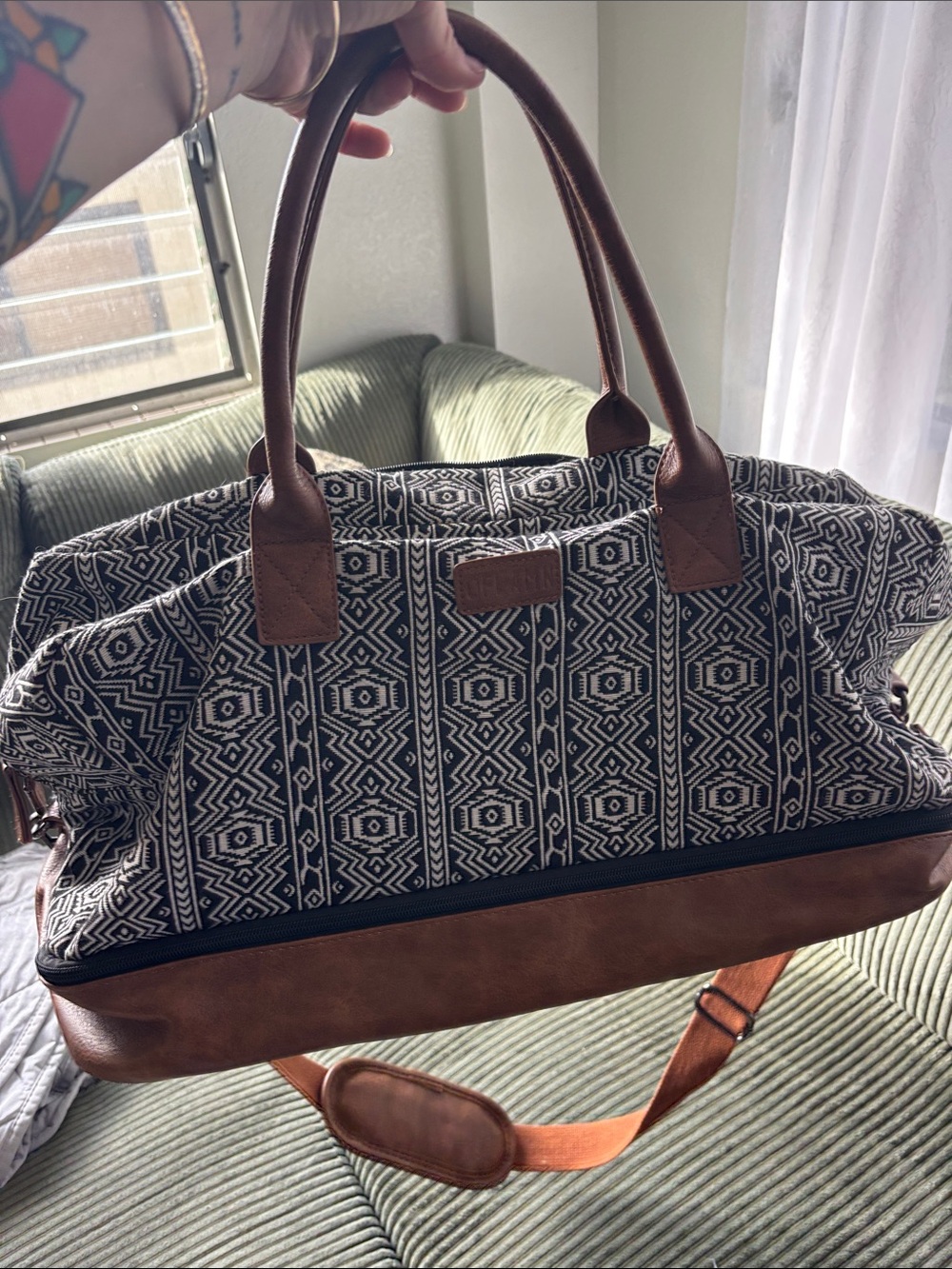 Black & White Geometric Weekender Bag with Brown Trim